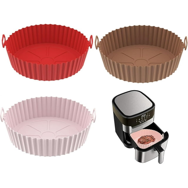 SWYSGS Pot en Silicone pour Friteuse à Air Chaud, 3 Pack Doublures Réutilisables en Silicone pour Friteuse à Air, Accessoires pour Friteuse à Air, Remplacement pour Doublure en Papier Parchemin Jetable (Rose, Rouge, Marron)