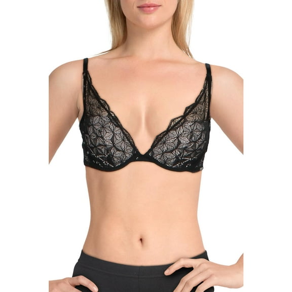 Calvin Klein Womens Lace Plunge Push-Up Bra Black 32C