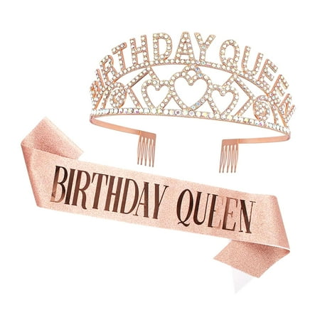 SKYSONIC Rose Birthday Queen Rhinestone Tiara and Sash - Birthday Glitter Decorations for Women (Multi Color Letter)