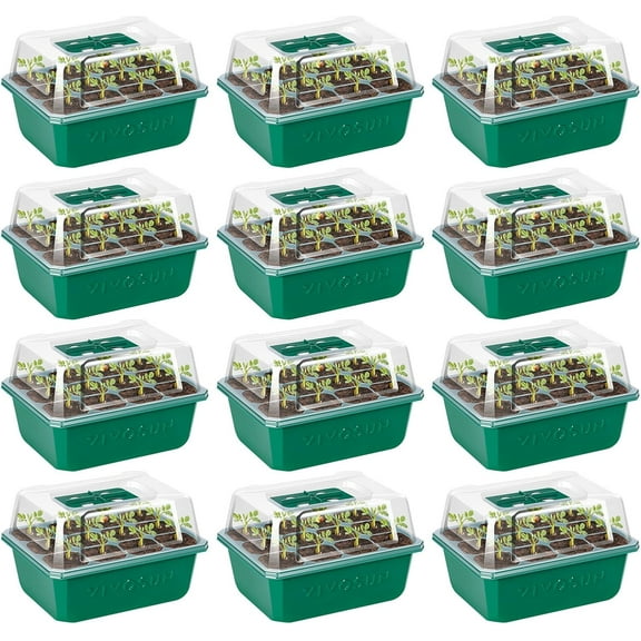 VIVOSUN 12-Pack Seed Starter Trays, 144-Cell Seed Starter Kit with Humidity Dome, Flat Reusable Plant Germination Trays with Drain Hole, Green Propagation Tray for Planting Seeds