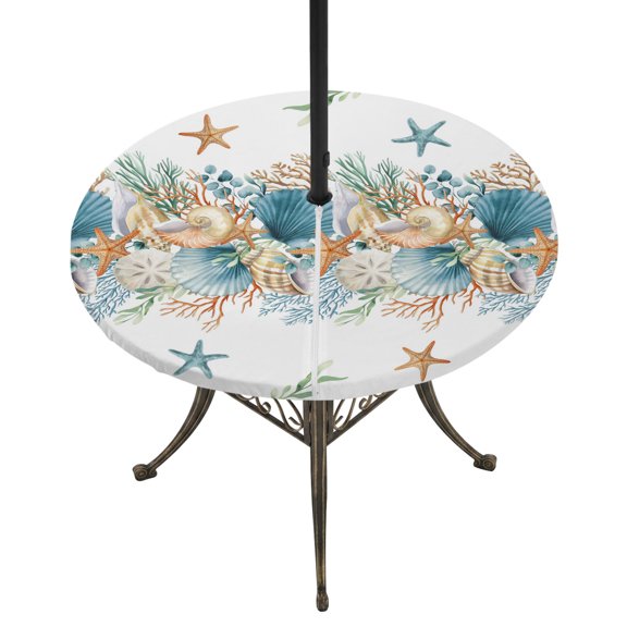 Round Outdoor Tablecloth with Umbrella Hole and Zipper, Beach Coastal Tablecloth with Elastic Waterproof, Nautical Shell Starfish Coral Summer Patio Table Covers for 31" - 35" Picnic Pool Tables