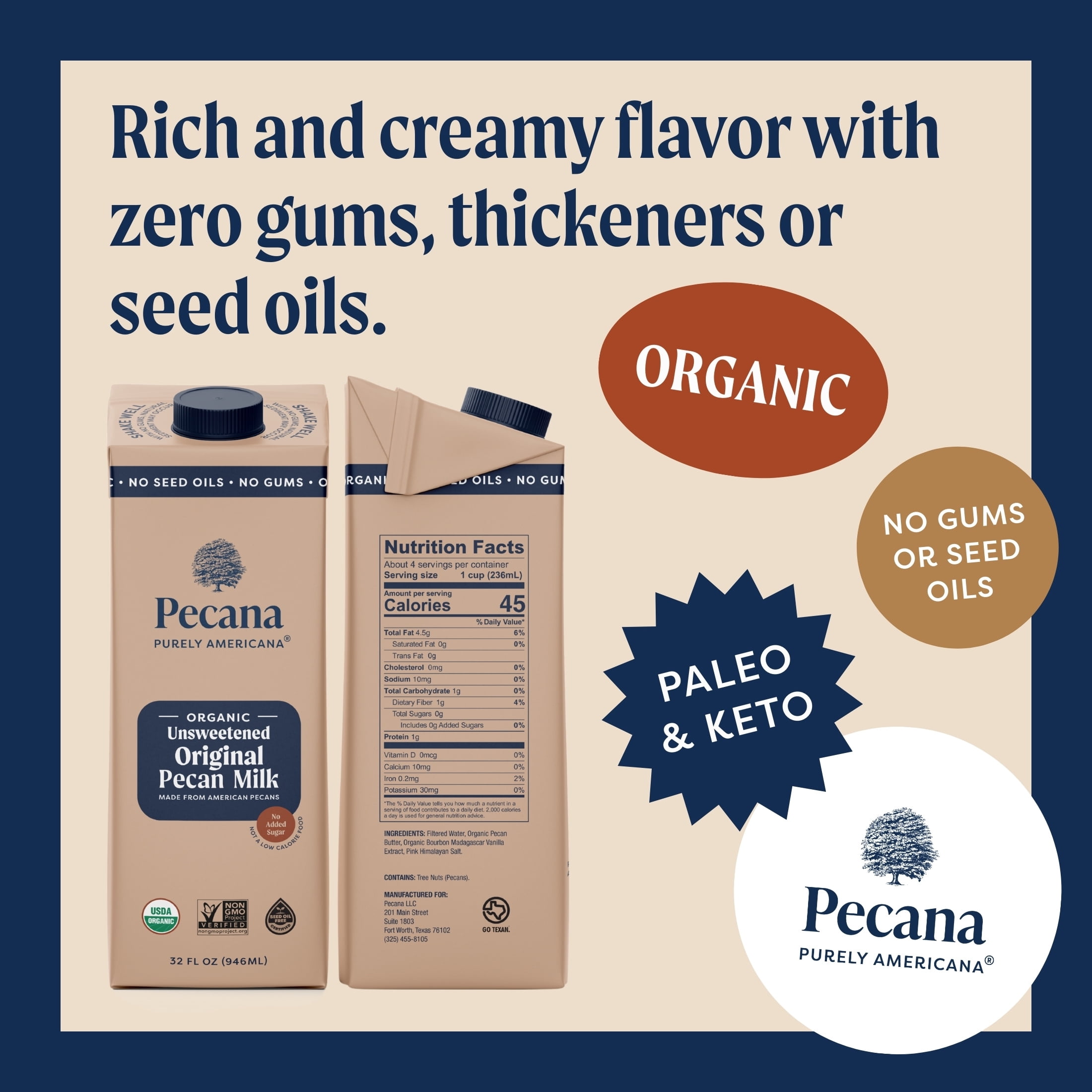 Pecana USDA Organic Pecana Unsweetened Pecan Milk 32 fl oz Carton