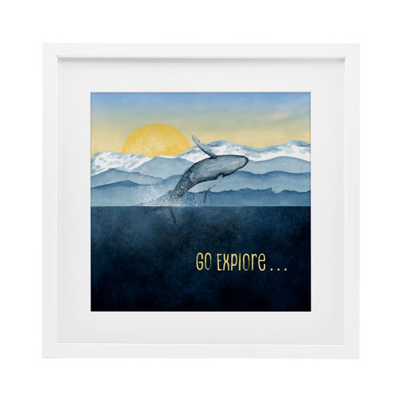 Stupell Industries Coastal Go Explore Whale Breach White Framed Print Under Glass, 16 x 16, by Brett Blumenthal