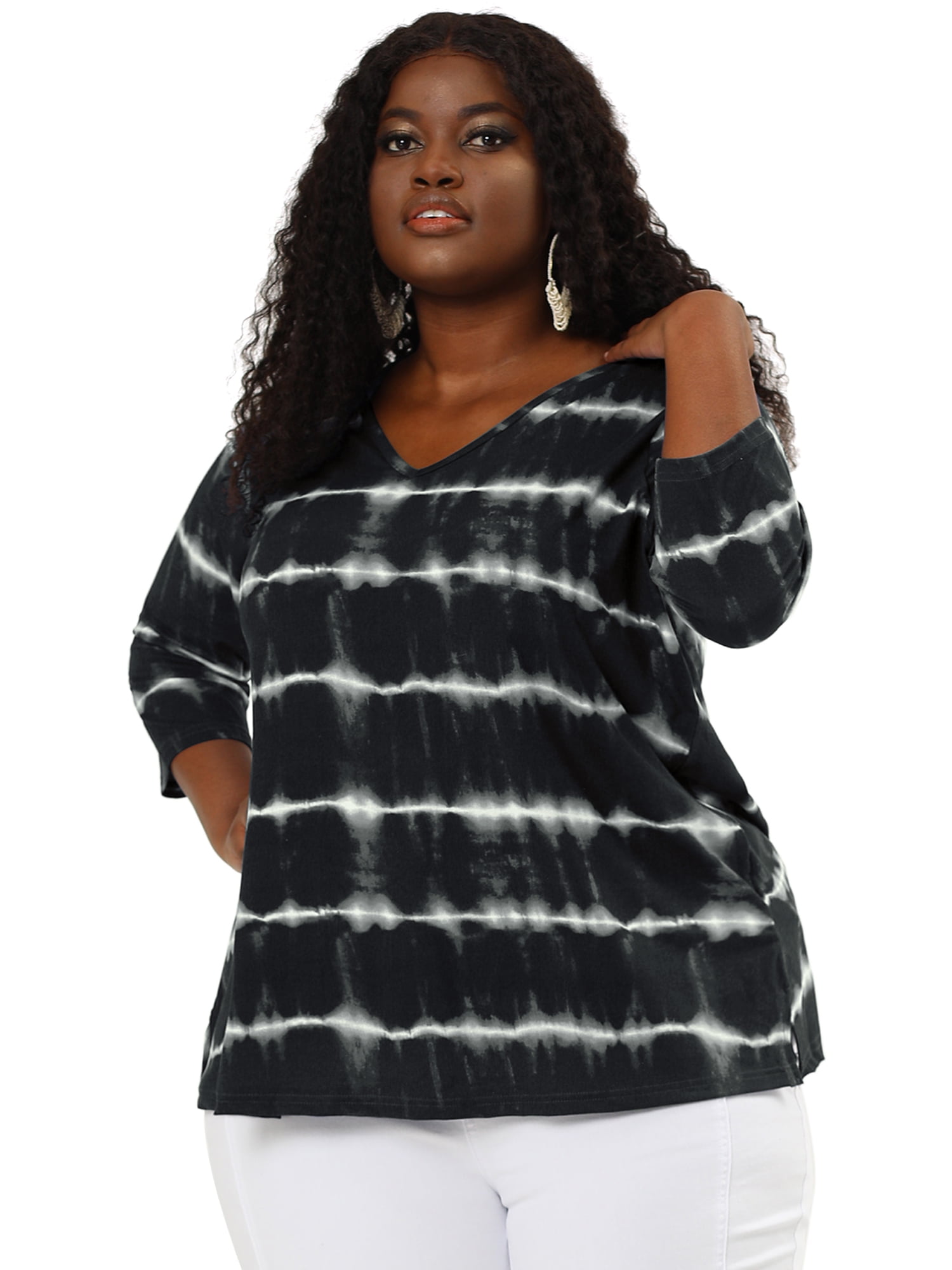 DARING DIVA Women's Plus Size V Neck 3/4 Sleeve Striped Tie Dye Blouse L Black
