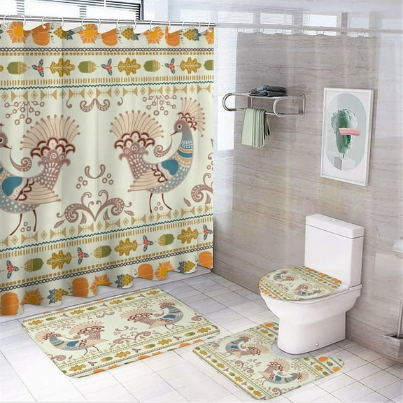 Cabin Aztec Hunting Theme 4 Pieces Shower Curtain Set,Rustic Farmhouse Wood Board Forest Wildlife Deer Bear Non-Slip Rugs Toilet Lid Cover Bath Mat and Bathroom Curtain