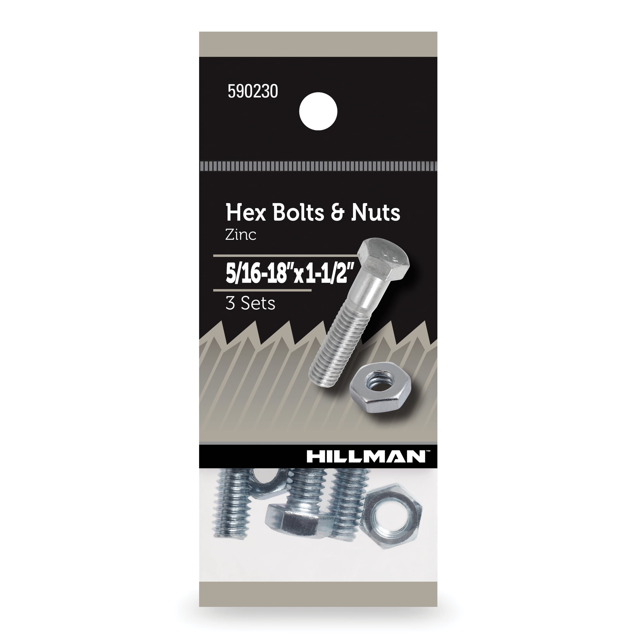 Hillman Hex Bolts and Nuts, Grade 2 Steel, Zinc, 5/16-18" x 1.5", 3 Sets