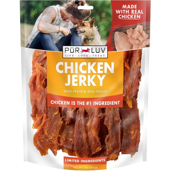 Pur Luv Chicken Jerky Dog Treats for Dogs, Rawhide-Free, Made with Real Chicken Breast, Healthy, Long-lasting and Great Tasting Treat, No Artificial Flavors, Satisfies Dog's Urge to Chew, 16 oz