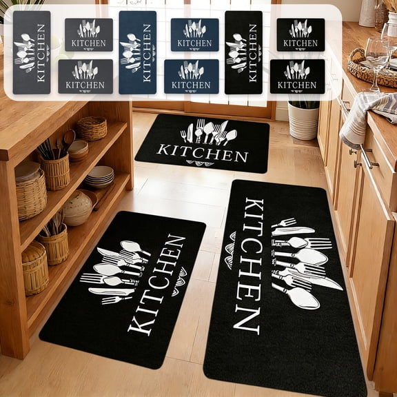 3Pcs Dark Kitchen Rug Set, Utensil Print Absorbent Oil-Resistant Non-Slip Rubber Back Mat, Machine Washable L-Shaped Floor Mat for Kitchen Cooking Countertop Sink Area, Gray