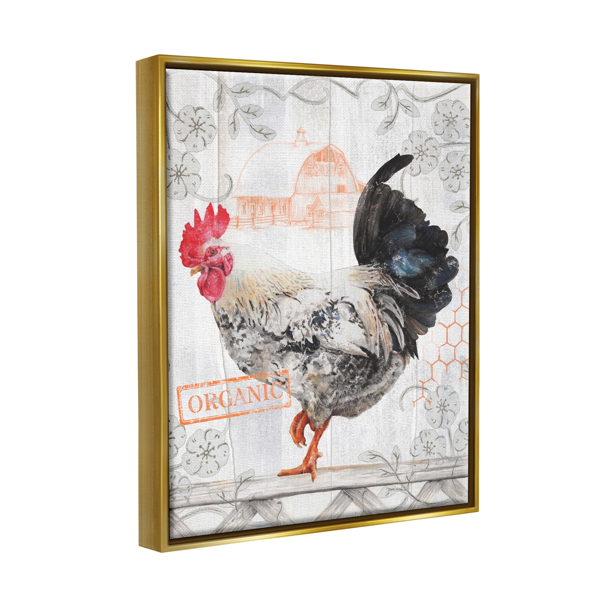 Stupell Industries Organic Pattern Rooster Animals & Insects Painting Gold Floater Framed Canvas Art Print Wall Art, 17 x 21