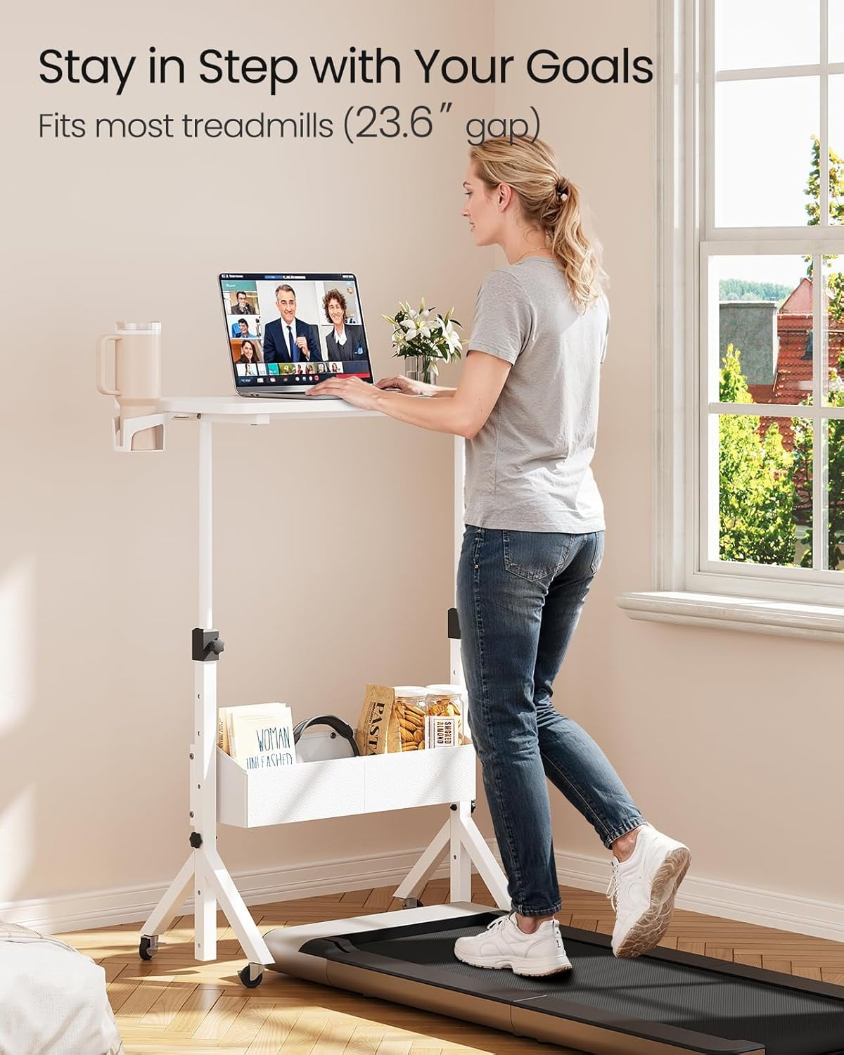 CHITOOMA Mobile Standing Desk with Cup Holder, 6 Level Height-Adjustable Computer Desk with Laptop Slot for Office, White