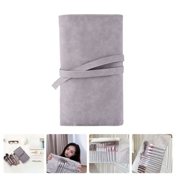 Portable Folding Makeup Brush Bag, Multifunctional Cosmetics Rolling Storage Case Makeup Brush Holder for Travel (Gray)
