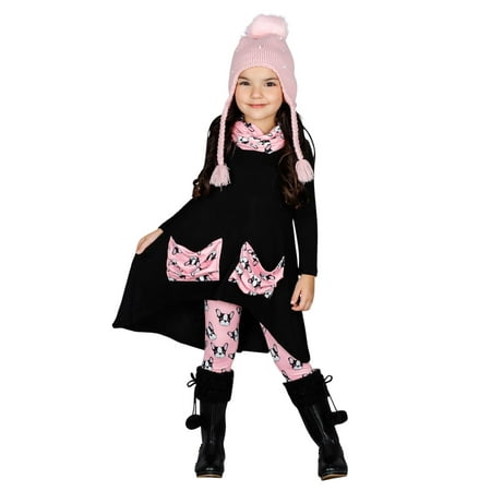 Girls Hi-lo Long Sleeve Tunic with Slouchy Pockets & Matching Leggings & Scarf Set (2 Color Options), Black, Size: 2T/3T