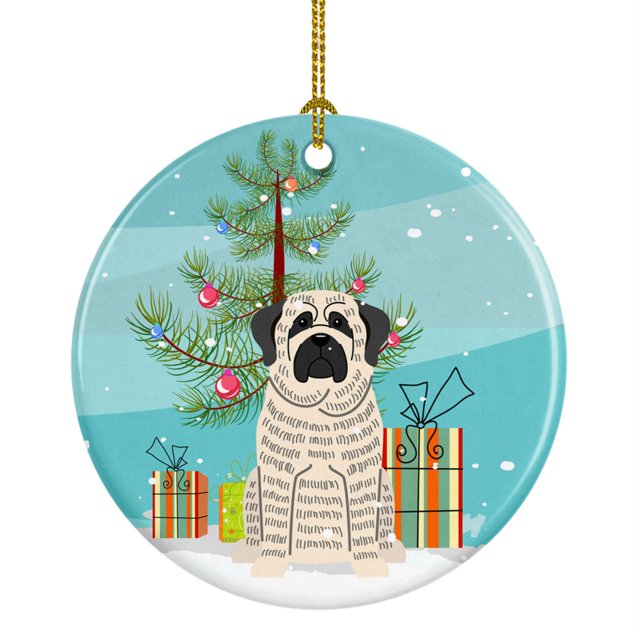 Caroline's Treasures - Adorno de cerámica blanca atigrada de mastín de árbol de Navidad feliz, multicolor Caroline's Treasures BB4141CO1