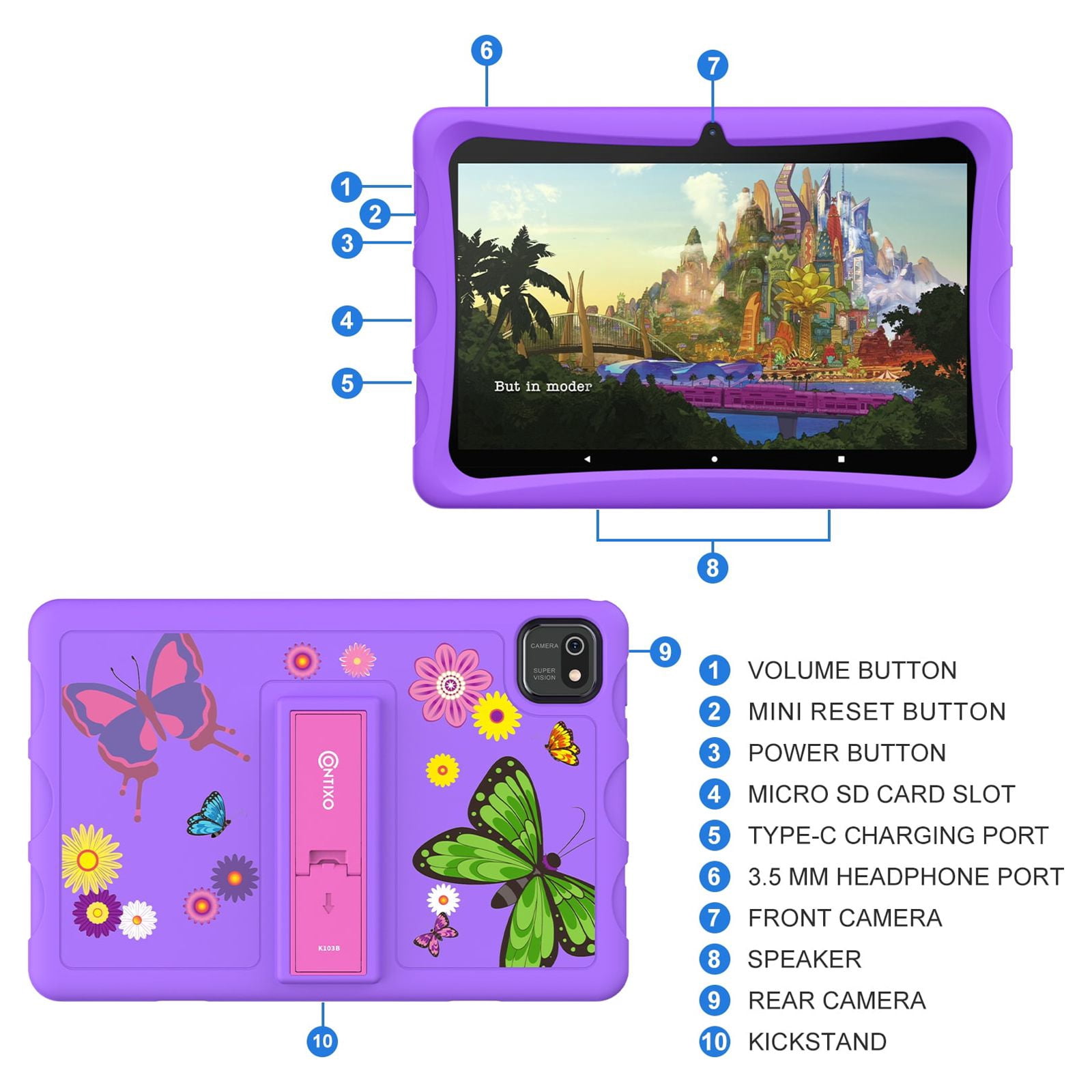 Contixo K102 Kids Tablets, Educational Tablets for Kids with eBooks, Tablet Case, and Kickstand, 10”, Purple