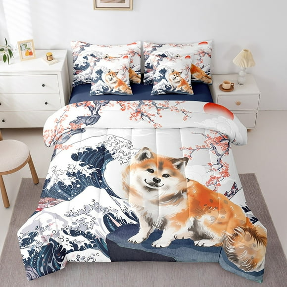 YST Cartoon Corgi Dog Bed in a Bag 7-Piece for Kids Boys Girls Japanese Style Bedding Set, Vintage Ukiyoe Queen Size Comforter Set Ocean Wave Bedding Comforter Sets, Cute Animal Pet Bed Set