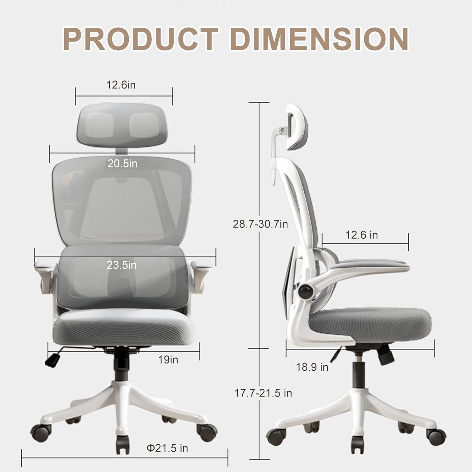 WXJHL Ergonomic Office Chair Comfort Home Desk Chair Adjustable High Back Mesh Chair Lumbar Support Computer Chair with Flip-up Arms for Work, Study, Gaming,White Mesdh Chair（Grey）