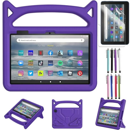 Case for Amazon Fire 7 Inch Tablet (12th Generation, 2022 Released) - Epicgadget Protective Lightweight Shockproof Kickstand Handle Kids Cover Case + 1 Screen Protector and 1 Stylus (Purple)