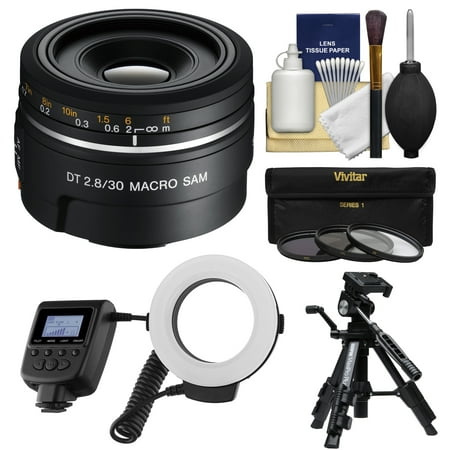 Sony Alpha A-Mount 30mm f/2.8 DT Macro SAM Lens with Macro Ringlight + Tripod + 3 Filters + Kit for A37, A58, A65, A68, A77 II, A99 (Best Minolta Lenses For Sony A77)