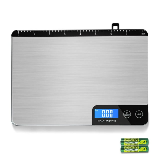 Báscula de Cocina, Báscula Electrónica de Cocina (precisión 1g/capacidad 15kg), Báscula para Alimentos con botón táctil, regla integrada y gancho oculto, 2 pilas AAA incluidas