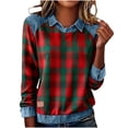 thumbnail image 2 of Women Long Sleeve Plaid Shirts Denim Collar Patchwork Stitching Sweatshirt Casual Tops, M, 2 of 5