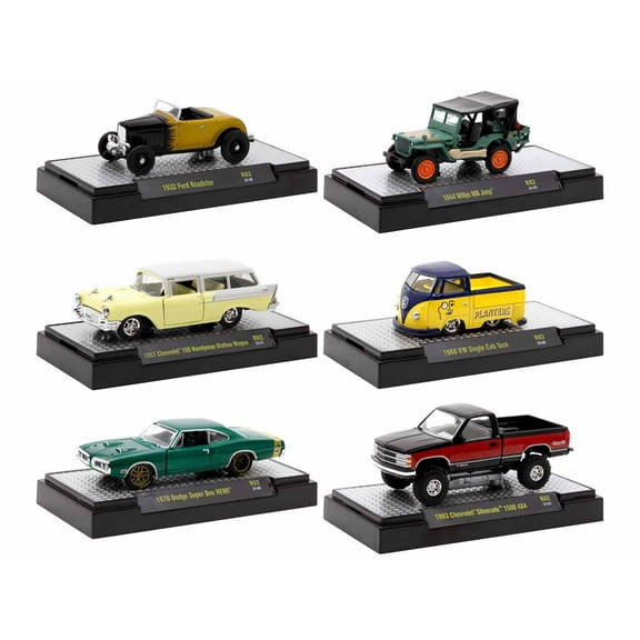 "Auto Meets" Set of 6 Cars IN DISPLAY CASES Release 82 Limited Edition 1/64 Diecast Model Cars by M2 Machines