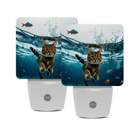 

Plug in Led Night Light with Auto Dusk to Dawn Sensor White Nightlights for Hallway Bedroom Kids Room Kitchen Stairway 2 Pack Funny Animal Ocean Summer Cat Fish Sea