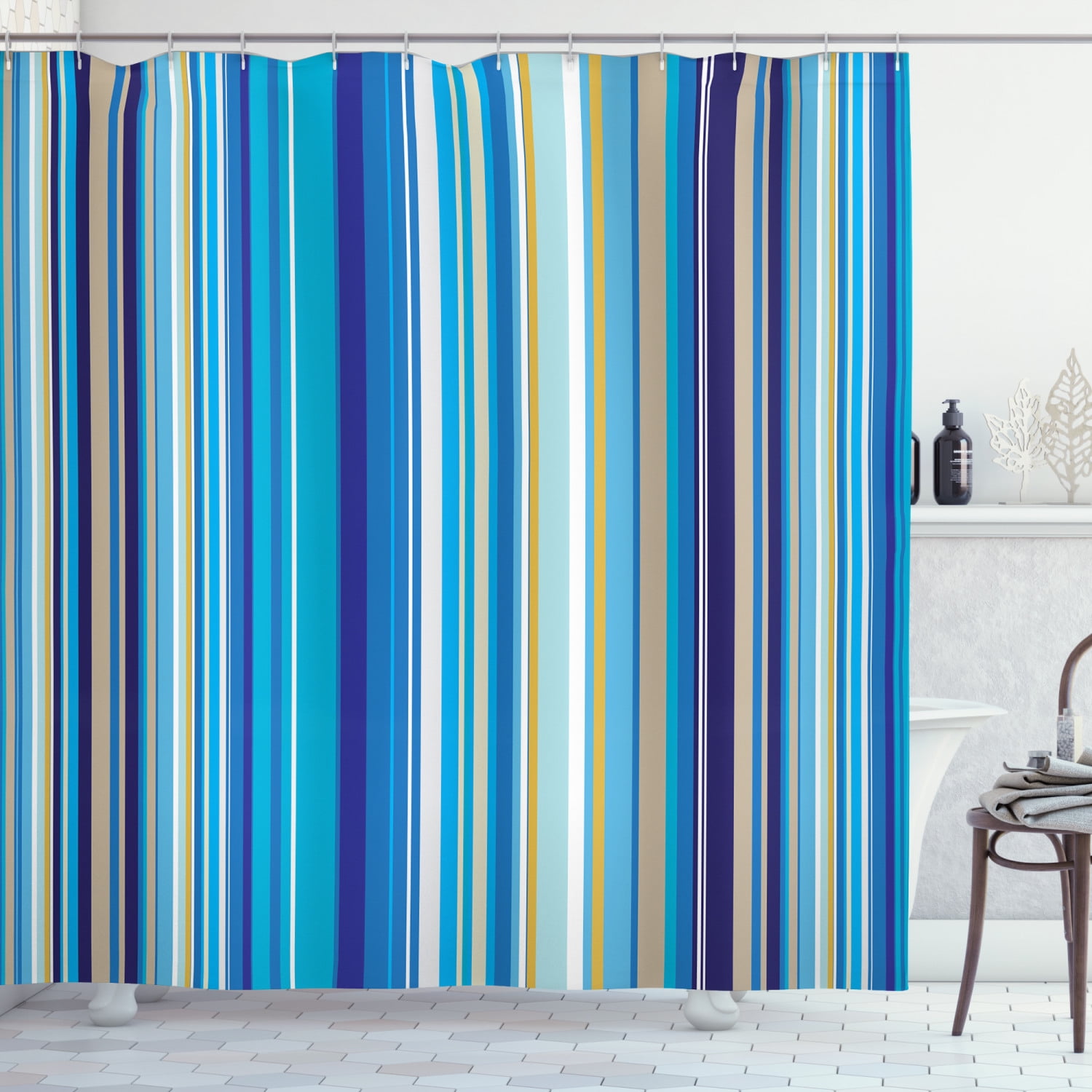Blue Shower Curtain, Vertical Stripes Repeating Retro Revival Pattern Funky Abstract Composition
