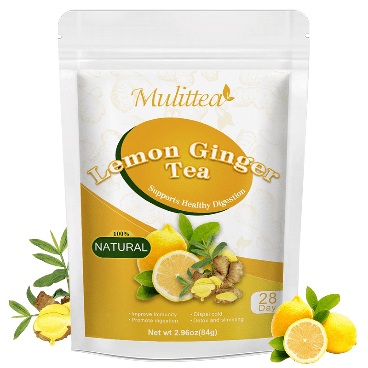 Mulittea Lemon Ginger Tea, Detox Herbal Tea, Caffeine Free, 2.96 oz