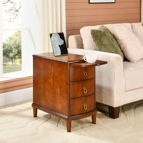 Solid Wood End Table with 3 Drawers, Fully Assembled Nightstand with Sliding Shelf, Pre-Assembled Vintage Wooden Beside Table In Cherry for Small Space,13.4*22.4*22.6in