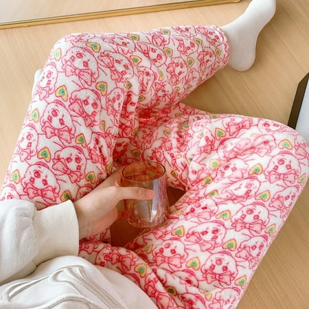 

Kawaii Sanrios Hello Kitty Pajamas Pants Cartoon Black White Cute Women Soft Plush Thickening Trousers Clothes Female Casual