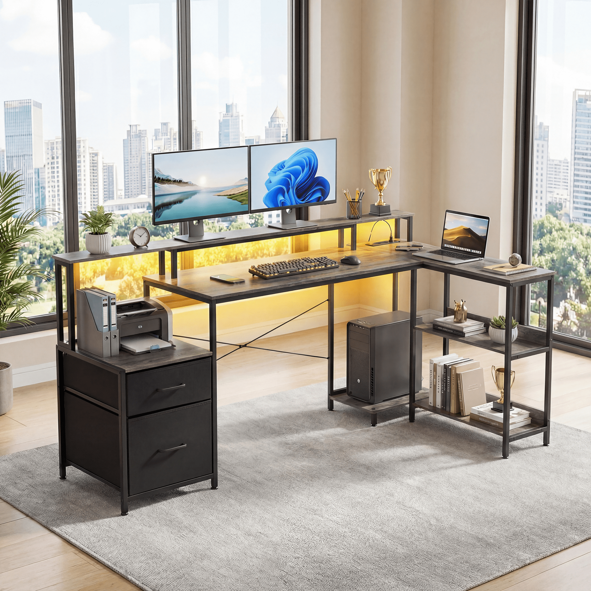 IULULU 75" Reversible L-Shaped Gaming Desk with Power Outlet and LED Strip, Computer Desk with Storage Shelves for Home Office, Gray