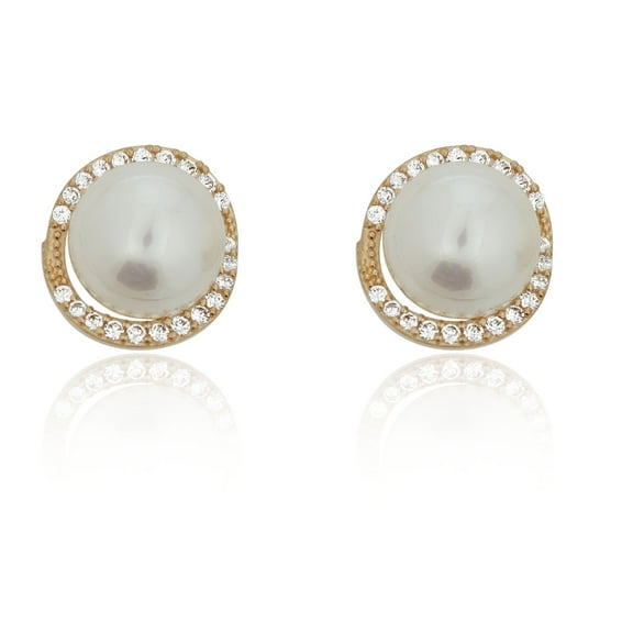 AVORA 10K Yellow Gold 8mm Freshwater Pearl with Simulated Diamond CZ Halo Stud Earrings