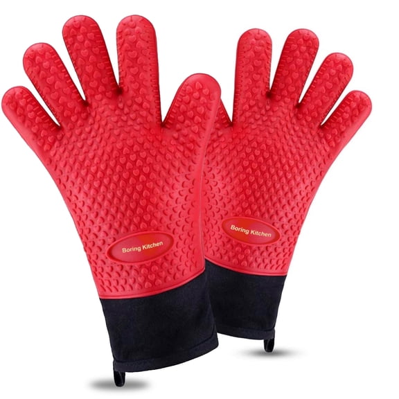 Boring Kitchen Silicone Oven Mitt Pot Holders  Textured Silicone Oven Mitts Heat Resistant up to 500 °F  – 13.5 x 7.8 In., Extra-Long Silicone Oven Mitts with Cotton Cuffs, Lining, & Hanging