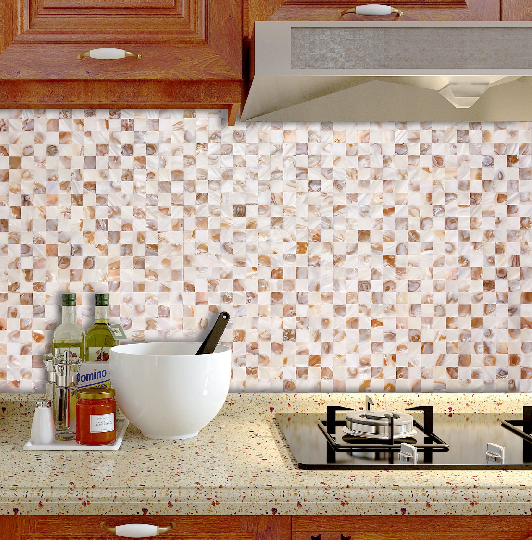 Acopelo Peel and Stick Natural Mother of Pearl Mosaic Shell Tile Checkboard 12" x 12" for Backsplash - 6 Tiles