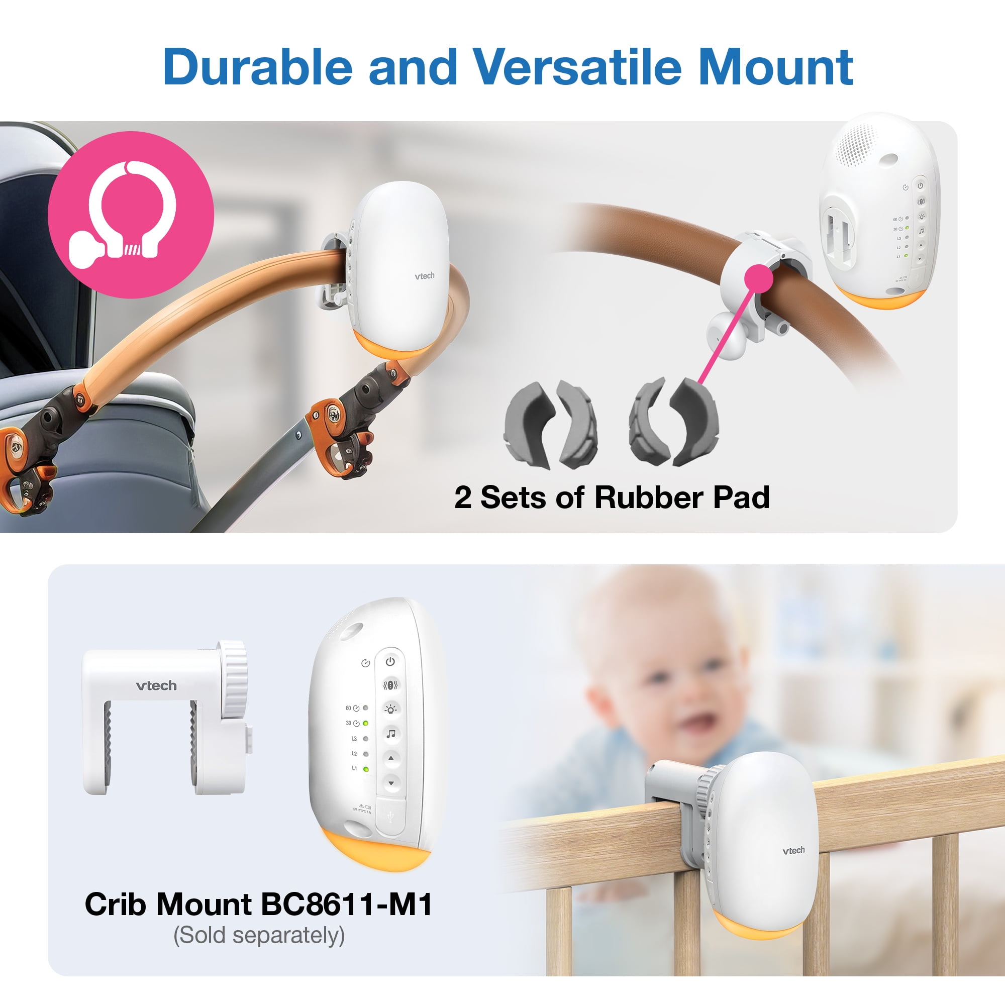 VTech BC8611 V-Hush™ Rocker Sound & Motion Stroller Soother for gentle rocking motion, with Night Light, White, BC8611