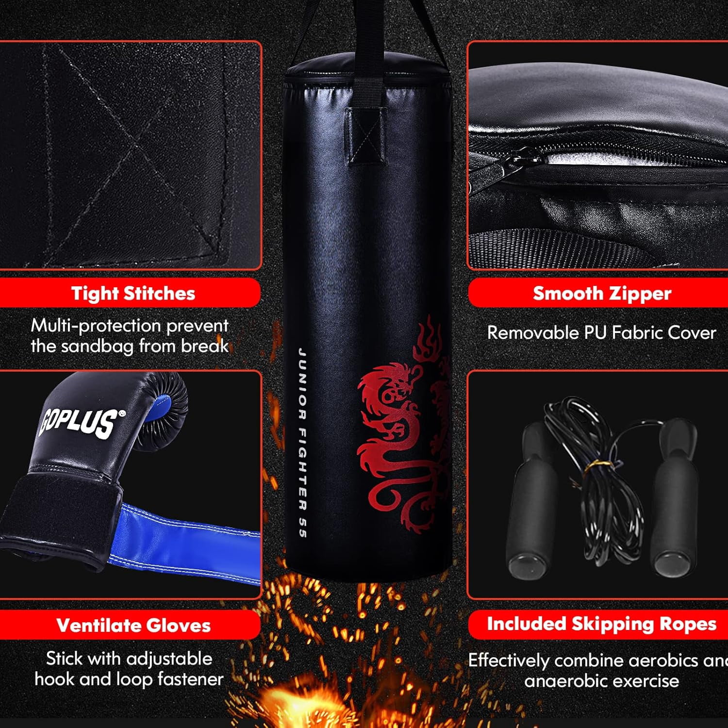 Happyyeah Punching Bag Set with Gloves, 22LBS/ 40LBS Filled Kick Boxing Bag, Rucksack, Jump Rope, Firm Hook, Heavy Bag for Adults MMA Training, Muay Thai, Krav MAGA, Taekwondo, Karate