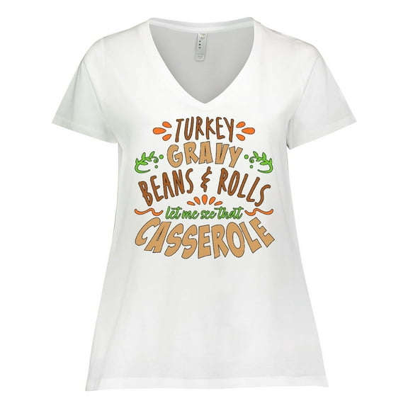 Inktastic Turkey, Gravy, Beans, Rolls, Casserole Women's Plus Size V-Neck T-Shirt