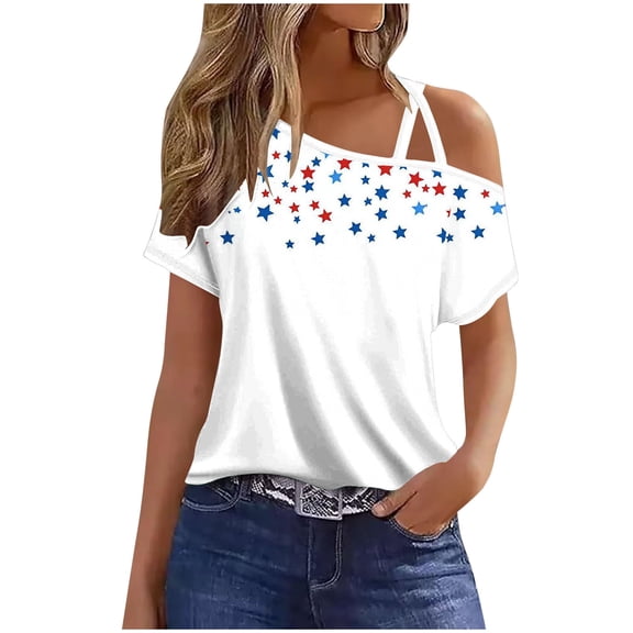 SELONE Fourth of July Print Cute Shirts for Women Star Pullover One Shoulder Short Sleeve Tops Patriotic Graphic Clothes