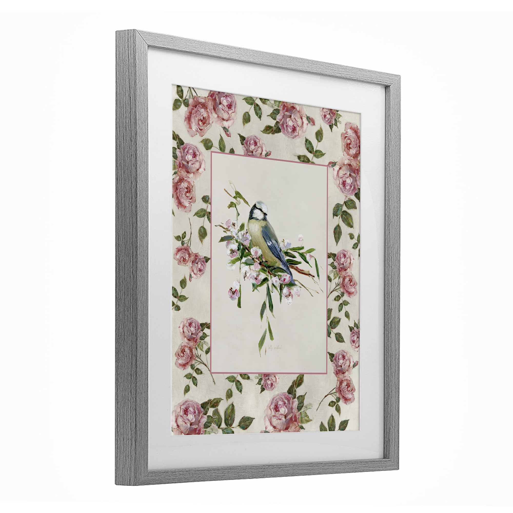 Stupell Industries Dainty Roses & Perched Bird Gray Framed Print Under Glass, design by Sally Swatland