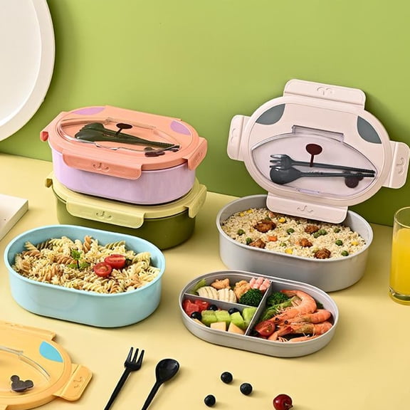 Large Capacity Double Layer Lunch Box | Oval Portable Heatable Bento Box | Compartmentalized Food Storage Container | No Odor | Easy Clean | PP Plastic | 26.5x24.5x8cm | Pink Blue Gray Yellow
