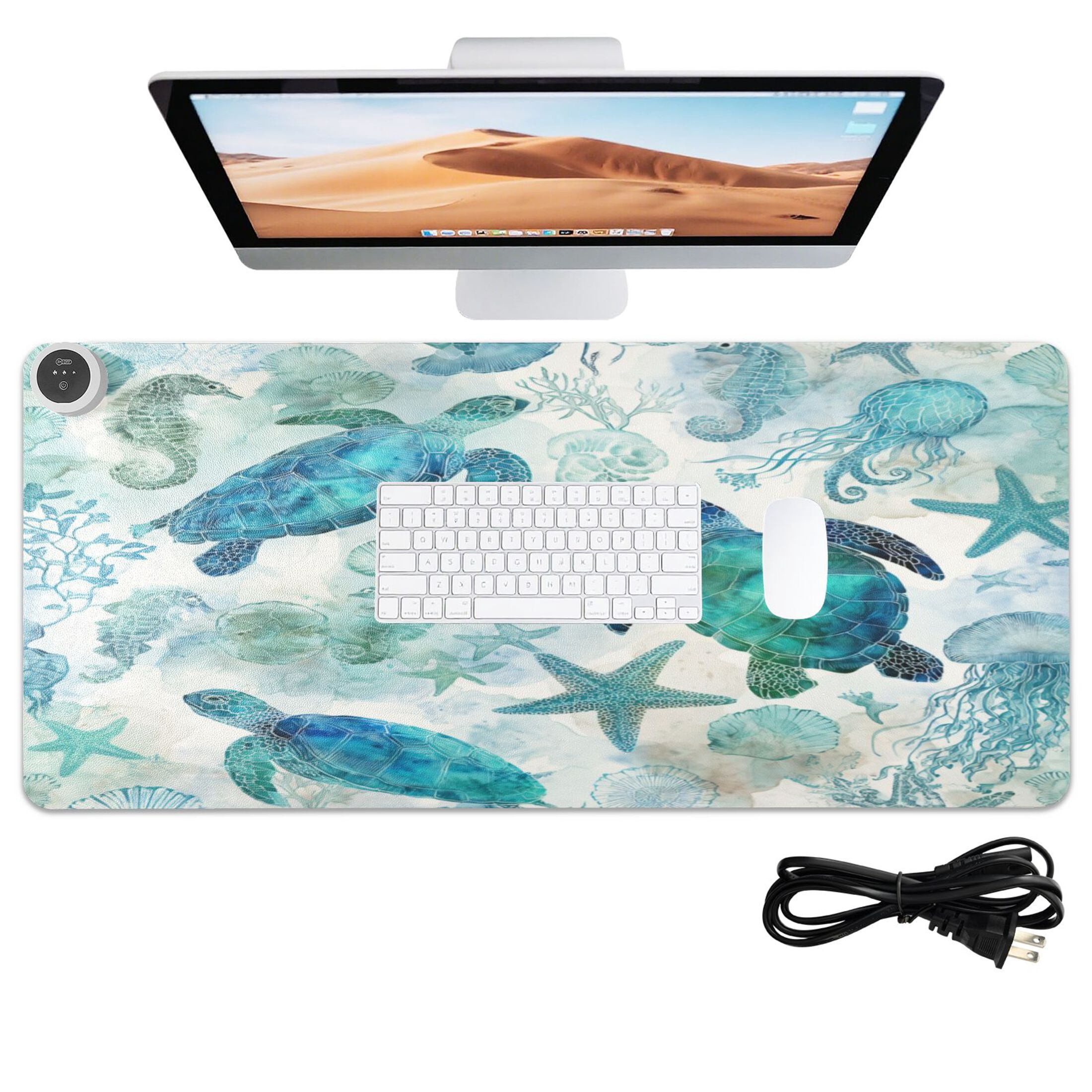 Large Heated Desk Mat Mouse Pad 31.5"x13"PU Leather Graphene Heating Desk Warmer with 3 Temperature Settings 110V US Plug Non-Slip Warm Pad for Home, Office, and Gaming Green Adorable Sea Creatures