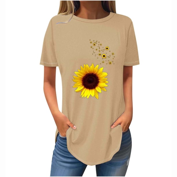 Tops de Verano de las Mujeres Suelto Ajuste Girasol Impresión Cuello Redondo Suelto 3/4 Manga Superior, Tops de Moda de las Mujeres