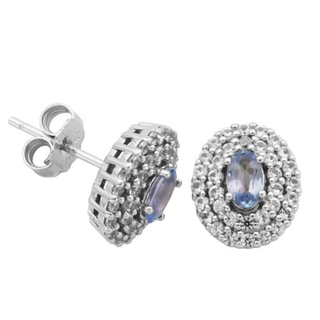 Sterling Silver Genuine Tanzanite and Created White Sapphire Halo Stud Earrings