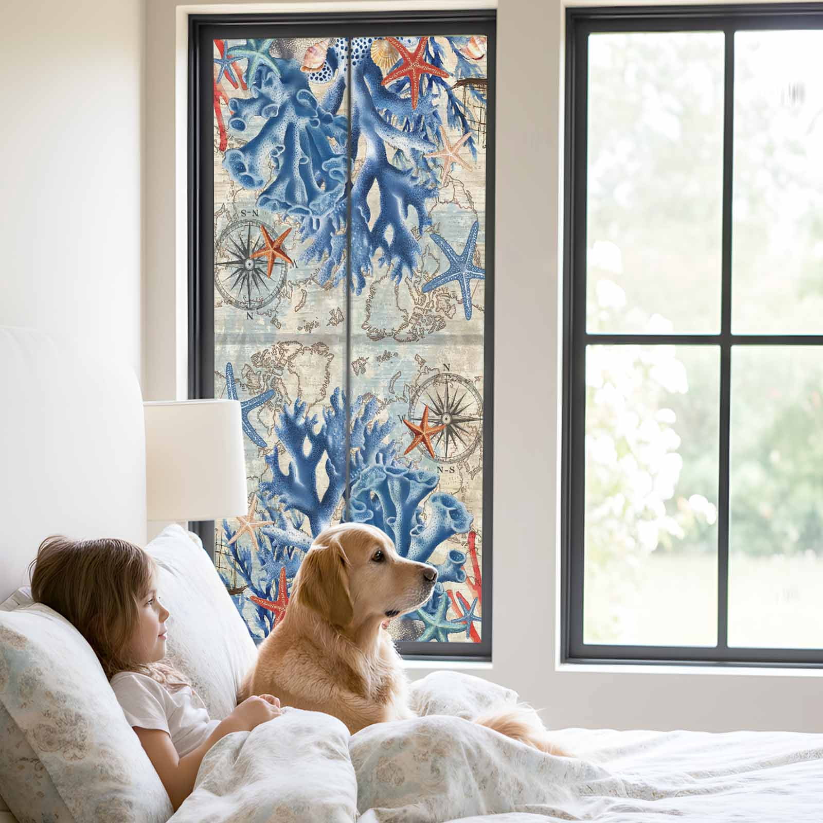 Static Cling Door Window Covering, Navy Blue Coral Window Privacy Film Frosted, Vintage Coastal Nautical Summer Beach UV Blocking Windows Film for Office, Hotel, Bedroom, 29.5 x 78.7 Inches