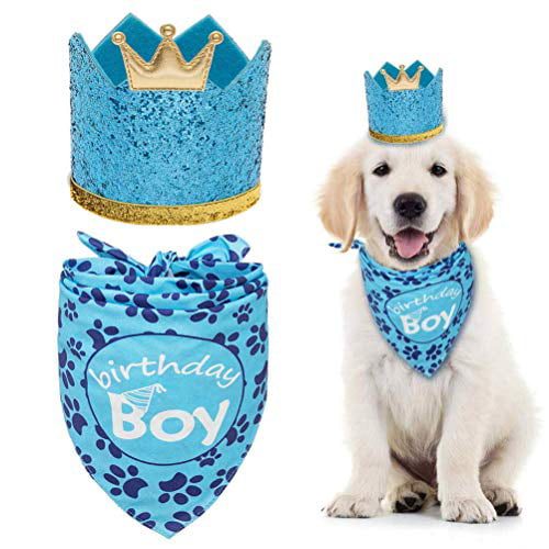 Triangle Scarfs and Cute Party Hat for Pets Blue EXPAWLORER Dog Birthday Bandana with Crown Hat