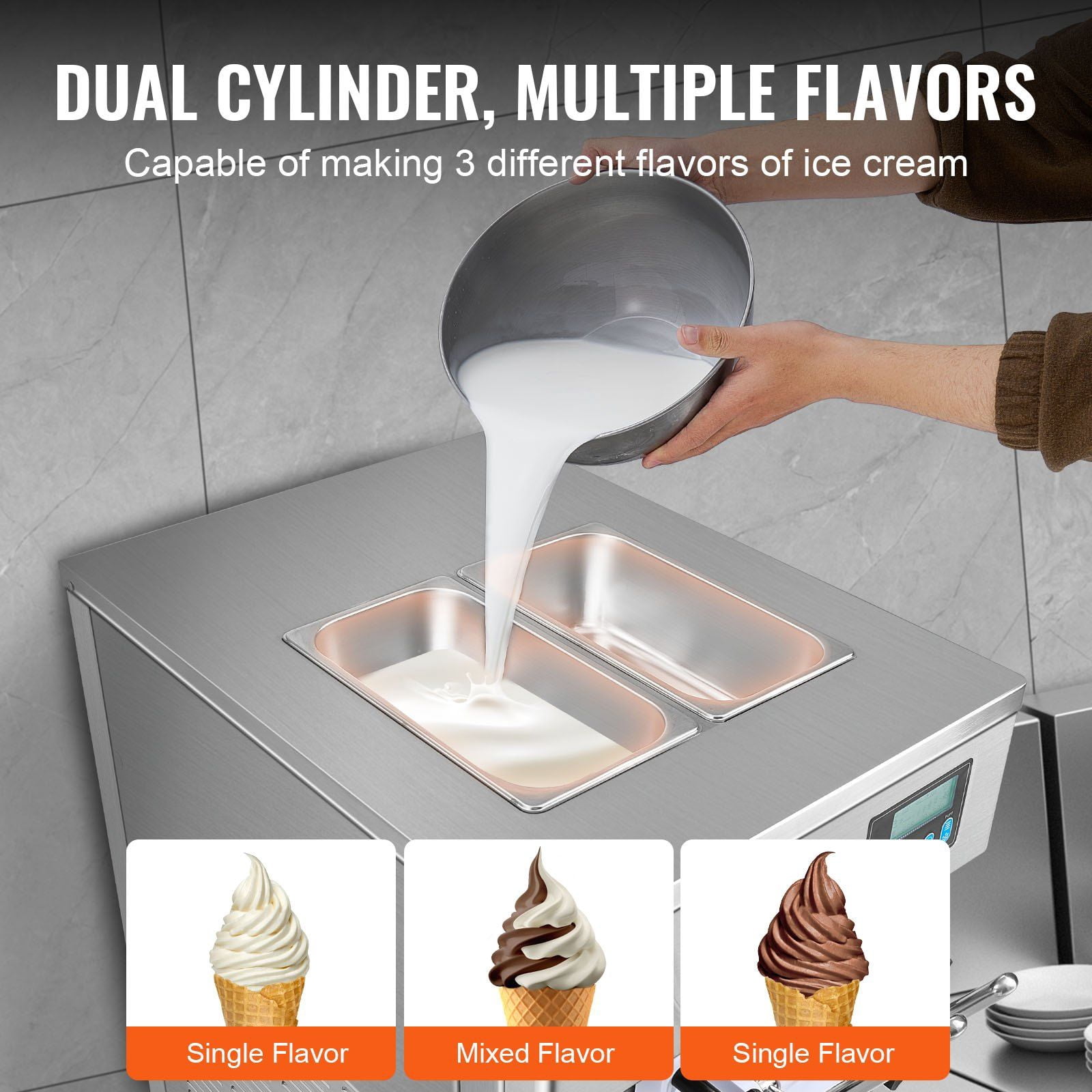 HCY Commercial Ice Cream Machine, 21 QT/H Yield, 1800W 3-Flavor Countertop Soft Serve Ice Cream Maker, 2 x 4L Hopper 2 x 1.8L Cylinder, LCD Panel Auto Clean Pre-cooling, for Restaurant Snack Bar