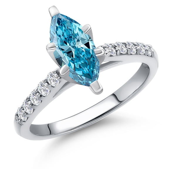 Gem Stone King 10K White Gold IGI Certified Engagement Ring | 1.20 Cttw | Center 1 Ct Marquise Cut | Fancy Vivid Blue Color | VS1-VS2 Clarity | Wedding Engagement Promise Ring for Women | Size 6
