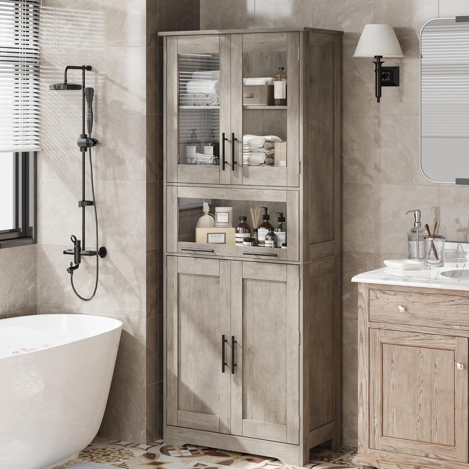 Armoire de Rangement de Salle de Bain Blanche de 67 Pouces, Armoire Mince Style Ferme pour le Linge avec Portes de Grange, Tiroir Central et Tablettes Ajustables, Organisateur Gain de Place pour Armoire de Rangement de Salle de Bain Blanche de 67 Pouces, Armoire Mince Style Ferme pour le Linge avec Portes de Grange, Tiroir Central et Tablettes Ajustables, Organisateur Gain de Place pour