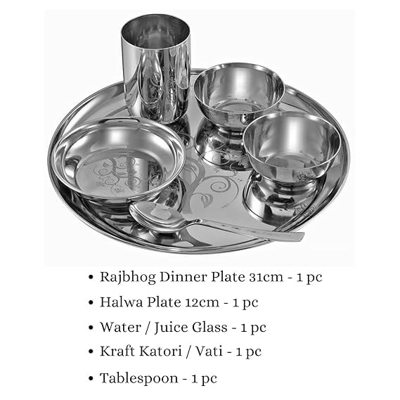 Stainless Steel Dinner Set of 1 Thali - 6 Pcs | Premium, Elegant Design | Mirror Finish | Food Grade,