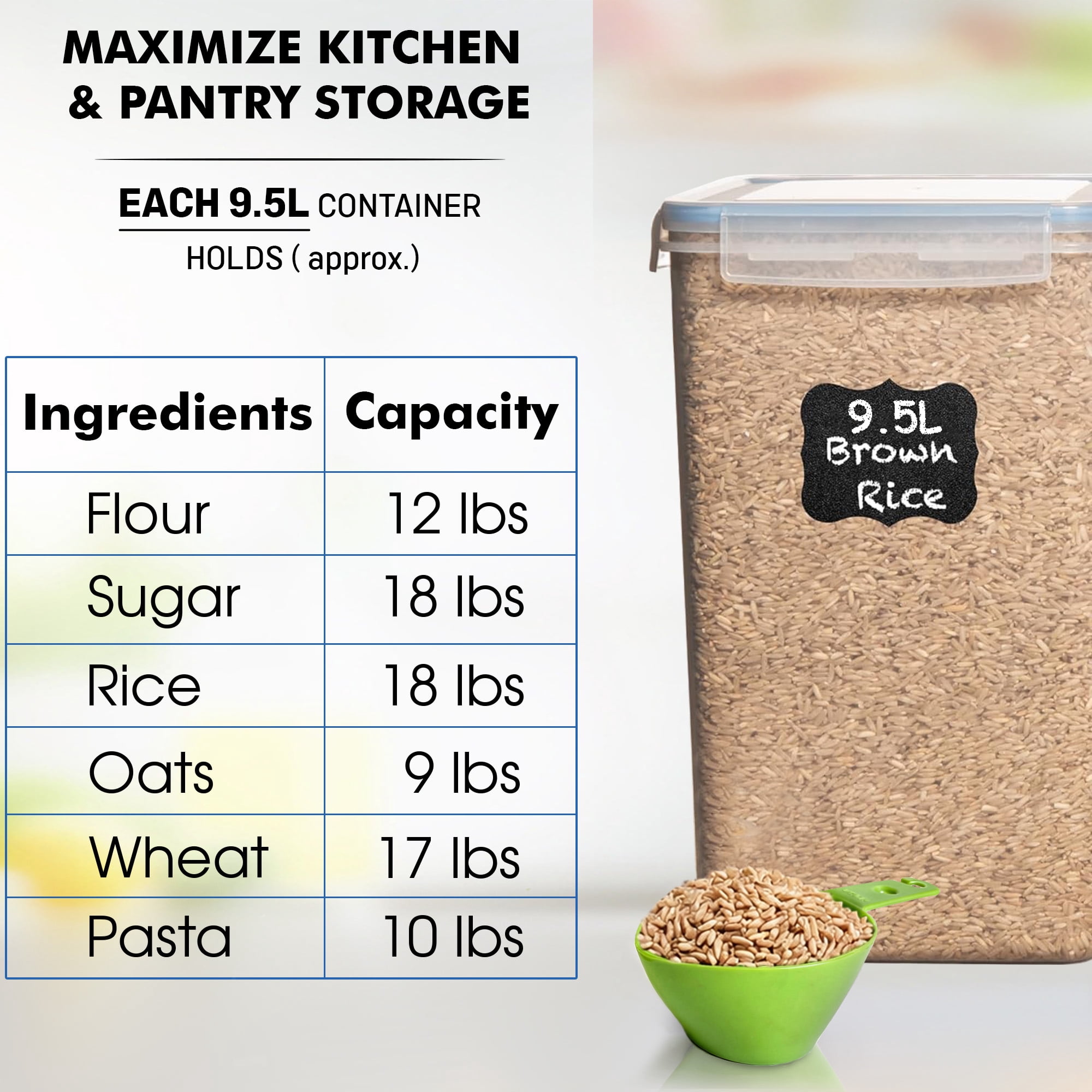 Shazo 2PC (9.5L | 321 oz) Extra Large Airtight Flour Sugar Storage Containers, BPA Free Plastic Food Storage Containers with Lids, Includes 2 Measuring Spoon